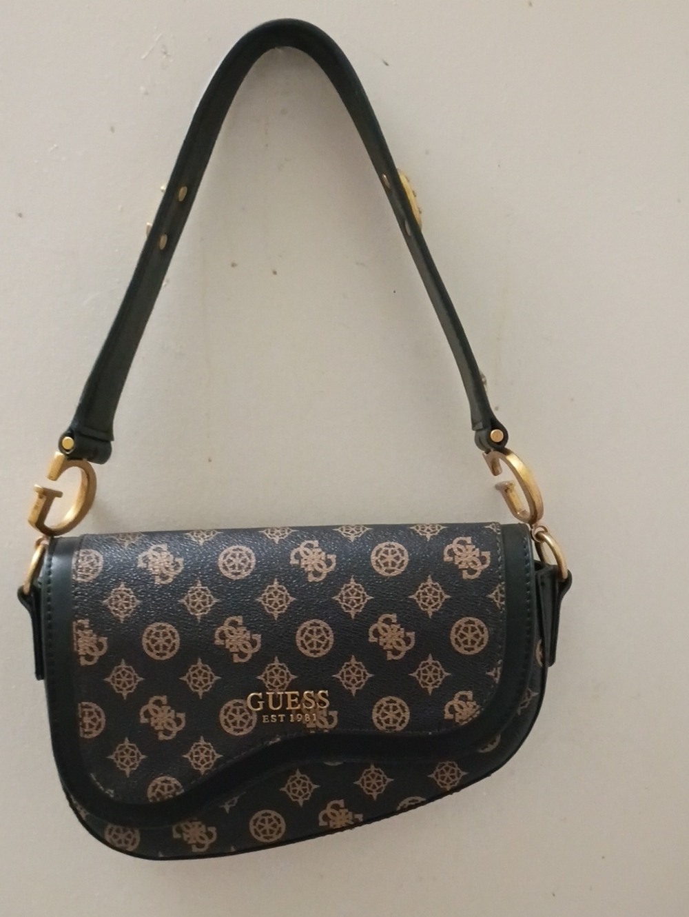 Guess Black Shoulder Bag with Tan Logo Print and Gold Hardware